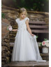 Beaded White Lace Tulle Flower Girl Dress Communion Dress